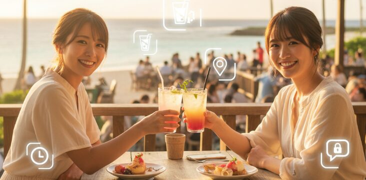 沖縄の海沿いのカフェで、二人の女性が乾杯しているソフトフォーカス写真。沖縄移住者が出会いを通して安全で楽しい時間を過ごすための注意点や、初対面での明るい場所での出会いを表現。