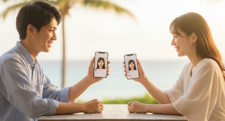 沖縄移住者におすすめの効率的な出会い方、マッチングアプリのイメージ。海辺のカフェで、スマホを見せ合いながら微笑み合う男女。アプリの画面にはプロフィール写真が表示されている。