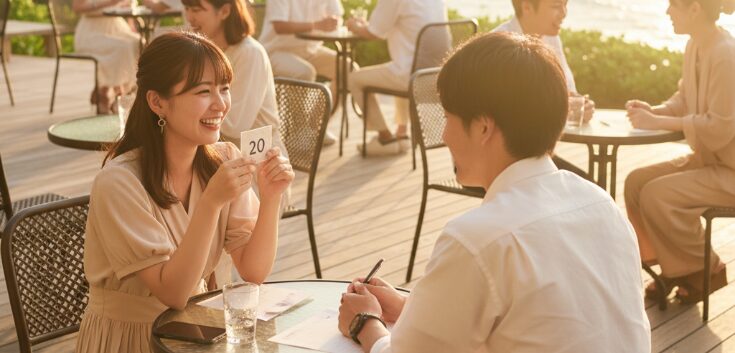 沖縄での真剣な出会いを求めるなら婚活イベント。夕日が差し込むオープンテラスで、テーブルを囲んで真剣に話す男女。参加者同士が交流を深めている様子。