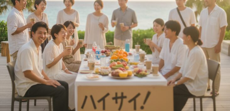 沖縄移住者におすすめの、気軽に参加できる地域の交流会。海辺でフルーツや飲み物が並んだテーブルを囲み、大勢の男女が笑顔で談笑している。