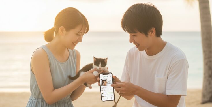 友達作りから始める沖縄移住者の出会い方。海辺のベンチで、子猫を抱いてジモティーのアプリ画面を見せ合う男女。新しい出会いを通じて友達になる様子。