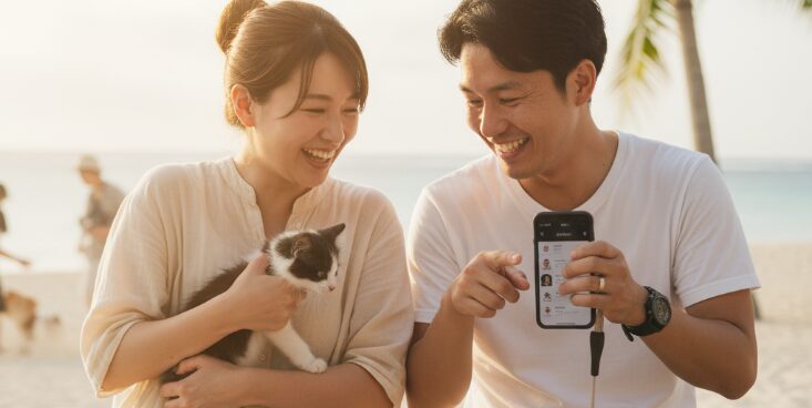 沖縄の地元密着型コミュニティに参加して出会う方法。海辺で子猫を抱いた女性と、スマートフォンを指差しながら笑い合う男性。コミュニティで共通の話題を見つけている様子。