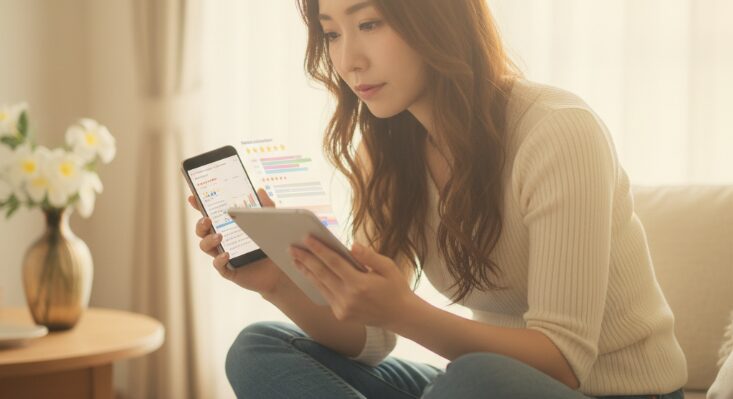 沖縄移住者が出会い方を探す際に、マッチングアプリやイベントの口コミ・評判をスマホやタブレットで確認している女性。温かい光が差し込む部屋で、自分に合ったサービス選びを検討する様子を表すソフトフォーカス写真。