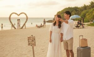 沖縄にある2つの恋人ビーチをイメージした、美しい砂浜に立つ日本人カップル。それぞれのビーチへの期待感をロマンチックに表現。