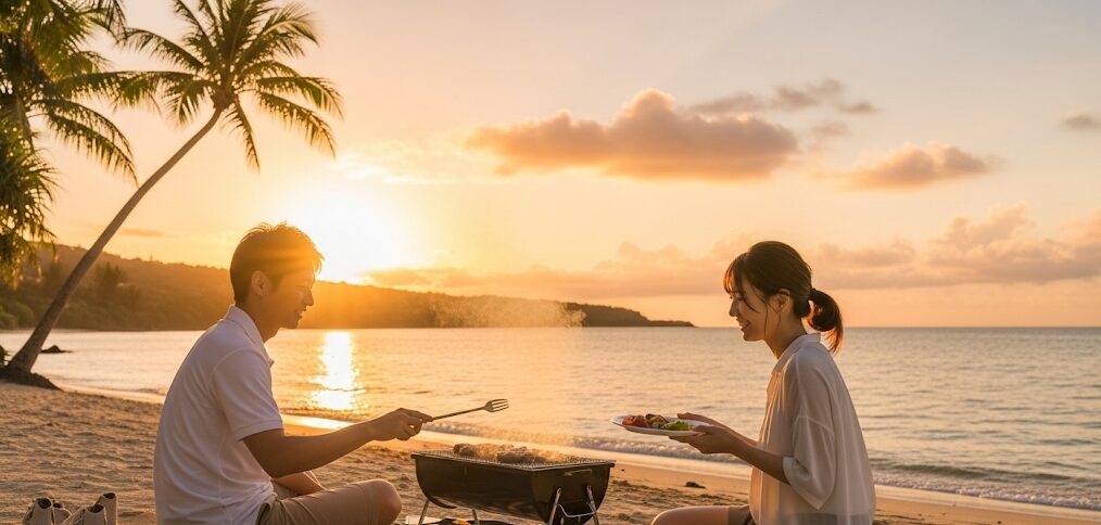 縄の恋人ビーチ「うふた浜」で、夕日を背景にバーベキューを楽しむカップル。美しい夕焼けと海辺の穏やかな雰囲気が、特別な沖縄旅行の思い出を彩る風景。
