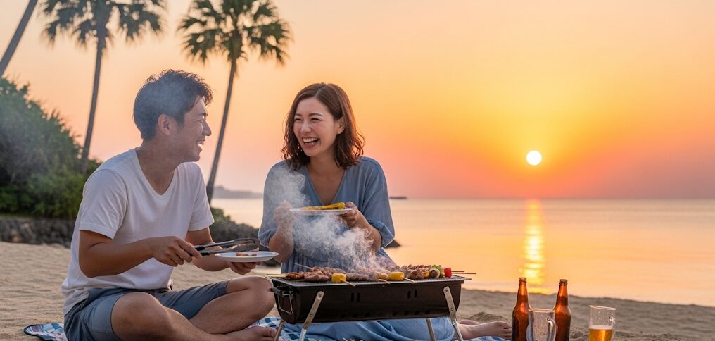 沖縄の恋人ビーチでのサンセットバーベキュー。夕日が海に沈む幻想的な景色の中、友人やカップルが楽しそうに食事をしている様子をソフトフォーカスで表現。沖縄旅行の思い出作りに最適な瞬間を捉えた画像。