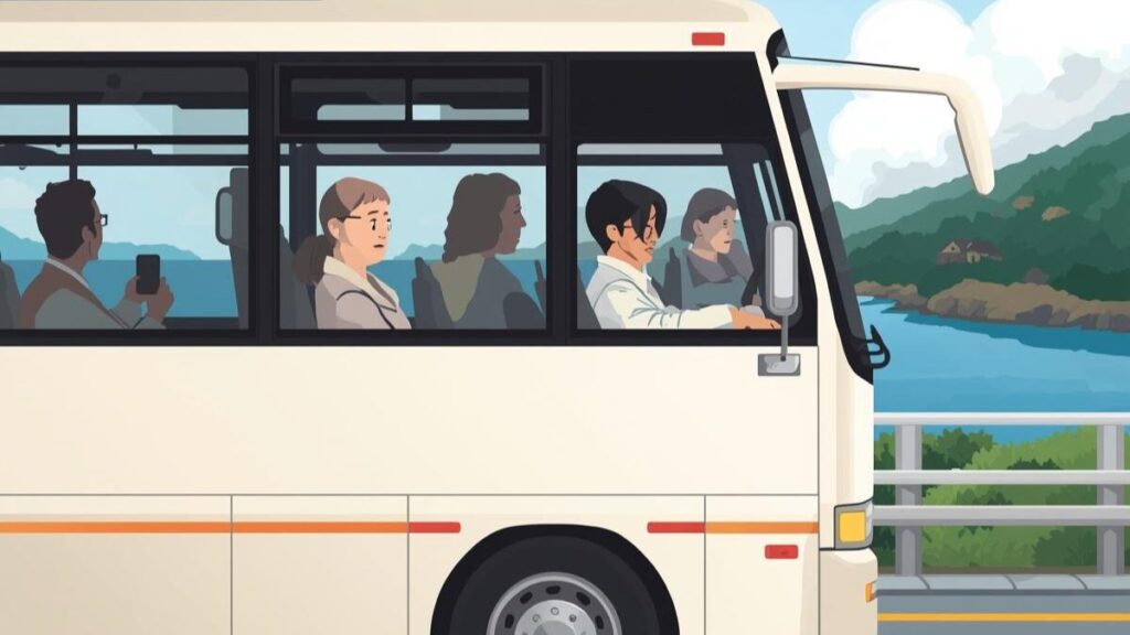 沖縄の婚活バスツアーの様子を、青い海沿いを走るバスと落ち着いた世代の男女を通して描いたクリーンなイラスト。