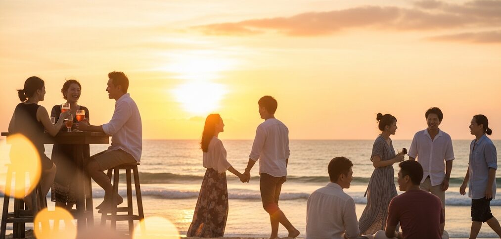 沖縄の夕暮れのビーチで、婚活を通じて出会った男女が楽しそうに交流している様子。