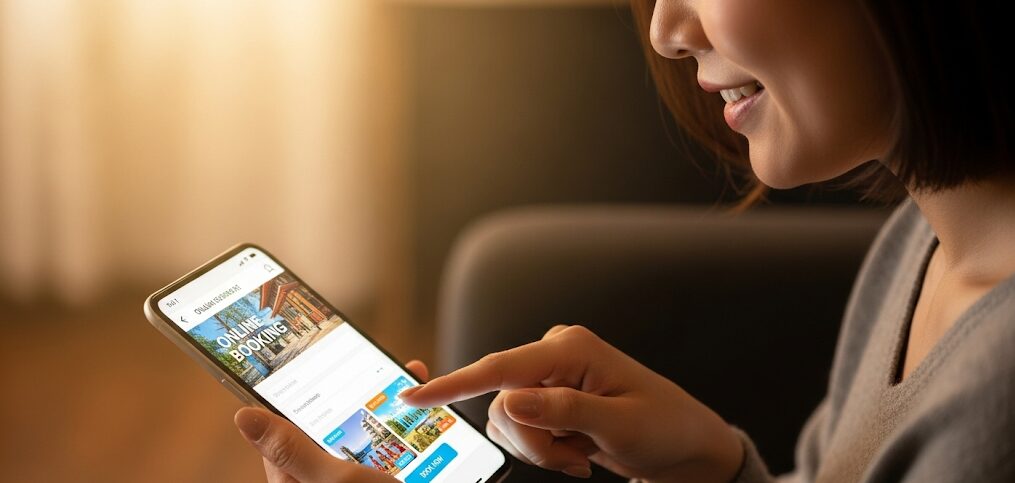 スマートフォンで沖縄の婚活バスツアーを申し込む日本人女性。Webサイトから簡単に予約でき、理想の出会いに向けて最初の一歩を踏み出せます。