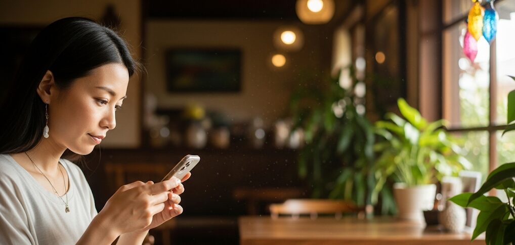 沖縄のカフェでスマホを操作しながら、婚活バスツアーの参加者の体験談をチェックする日本人女性。リアルな声はツアー選びの参考になります。