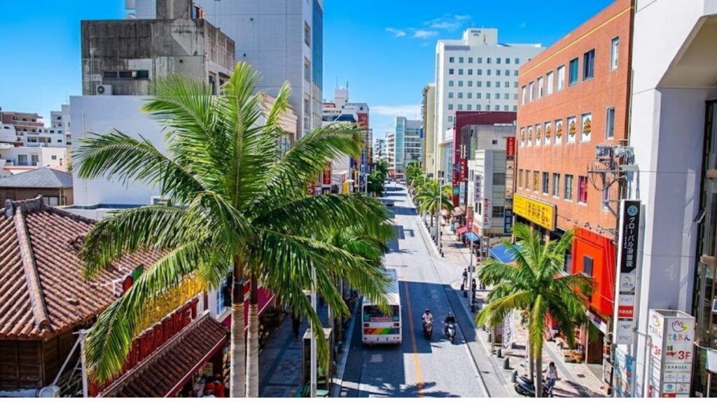 沖縄県那覇市の国際通り。青空の下、ヤシの木が並ぶ通りをバスやバイクが走行している風景
