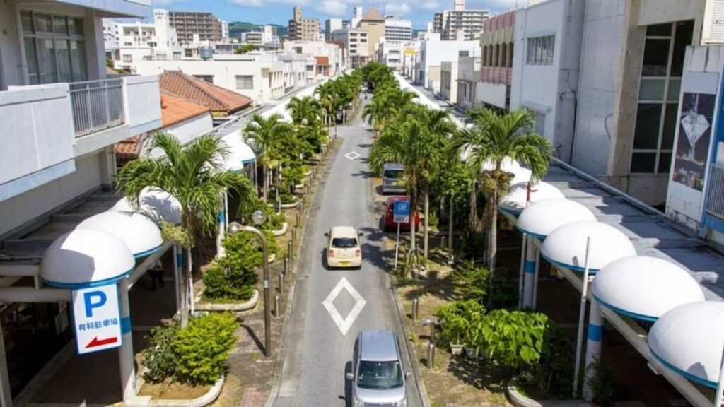 沖縄市にあるアーケード商店街の外観。白いドーム型の屋根とヤシの木が並ぶ通りを車が走行している