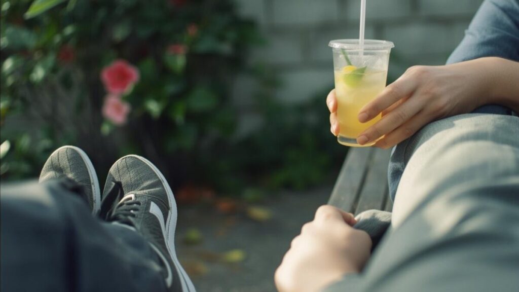 沖縄婚活バスツアーの休憩中、ベンチに座る30代40代の男女の足元と手元。無理に話さなくても間が持つ、大人の落ち着いた距離感と穏やかな空気感。