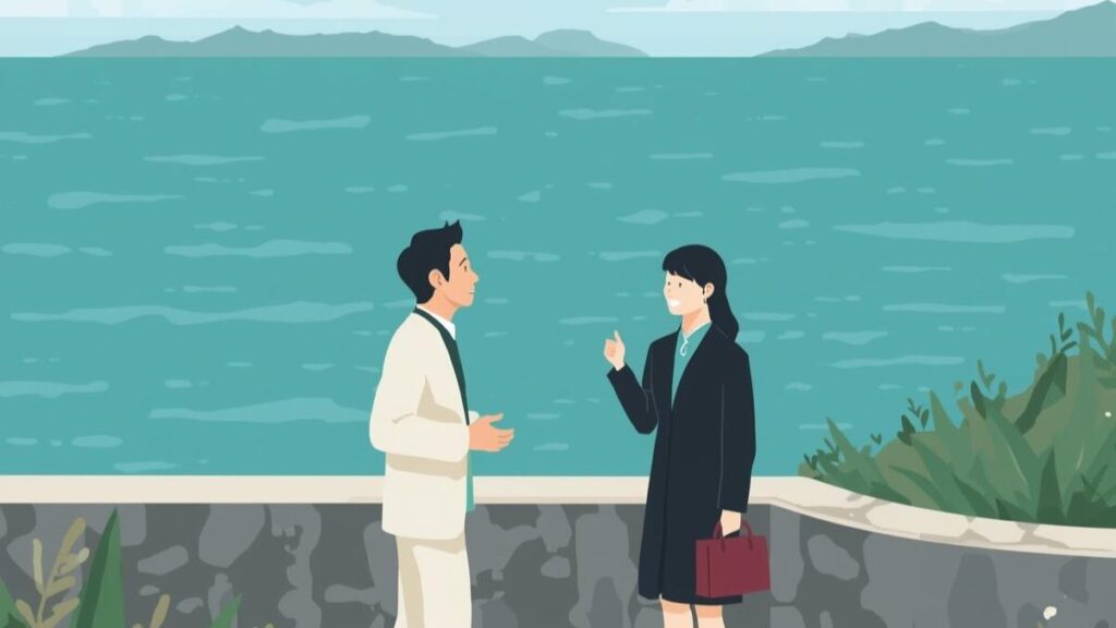 沖縄の婚活バスツアーにおける実際の成功率を、海辺で静かに語らう男女の自然な雰囲気で表現したイラスト。