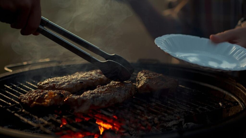 体験型婚活バスツアーのBBQで、肉を焼く男性の手元とお皿を持つ女性の手元。共同作業を通じて自然と距離が縮まる様子を表現したイメージ。