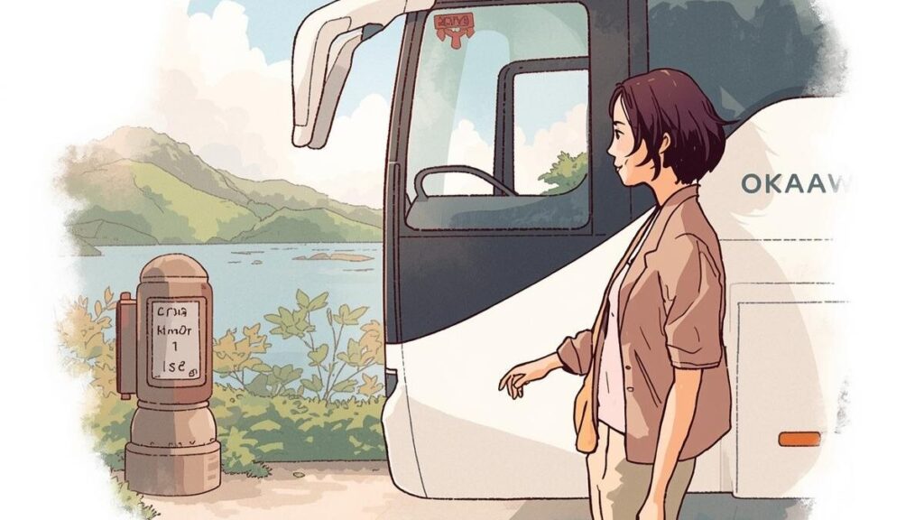 沖縄の婚活バスツアーに一人で参加する女性が、観光地で安心してリラックスして過ごす様子を描いた清潔感のあるイラスト。