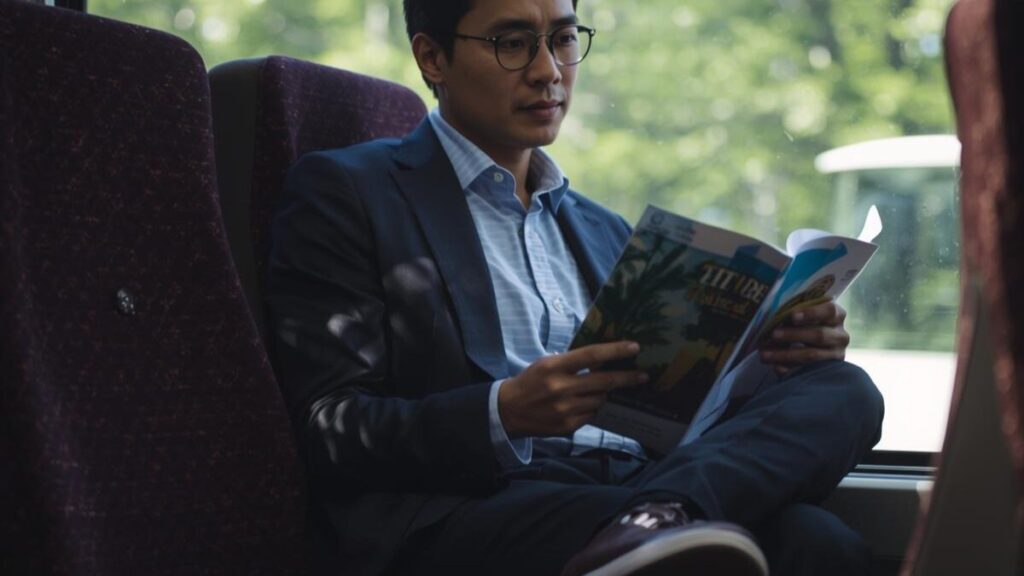 一人参加限定のバスツアーで、座席に座りパンフレットを見る男性の手元。誰にも気を使わず自分のペースで過ごせる安心感と、旅の始まりへの期待。