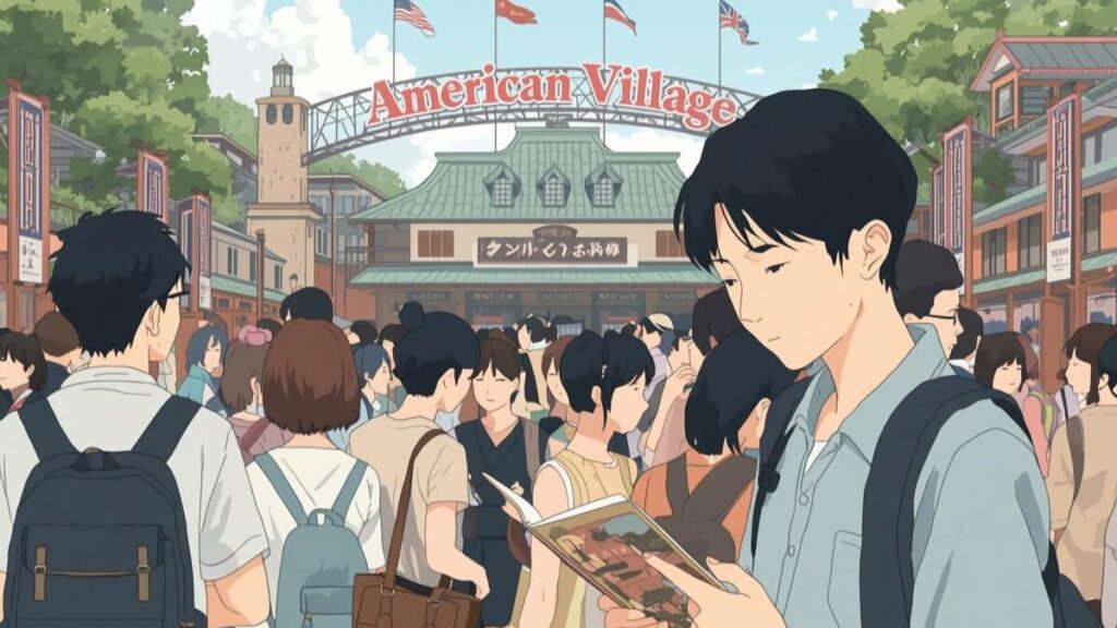 人気がある沖縄の婚活バスツアーの企画に潜む注意点を、観光地での人々の交流と一人の冷静な視点から描いた図解的イラスト。