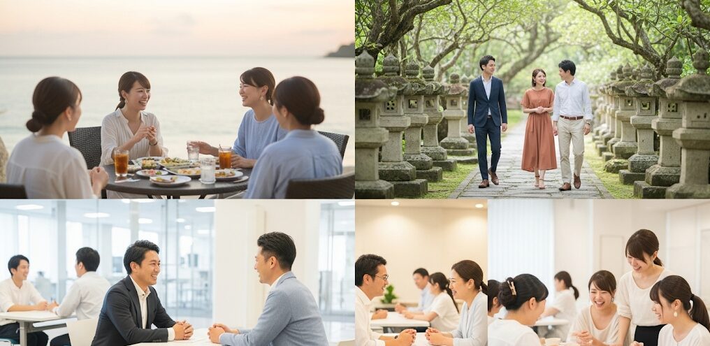 沖縄での婚活パーティーの種類（カフェ、庭園、料理教室など）をまとめたイメージ。