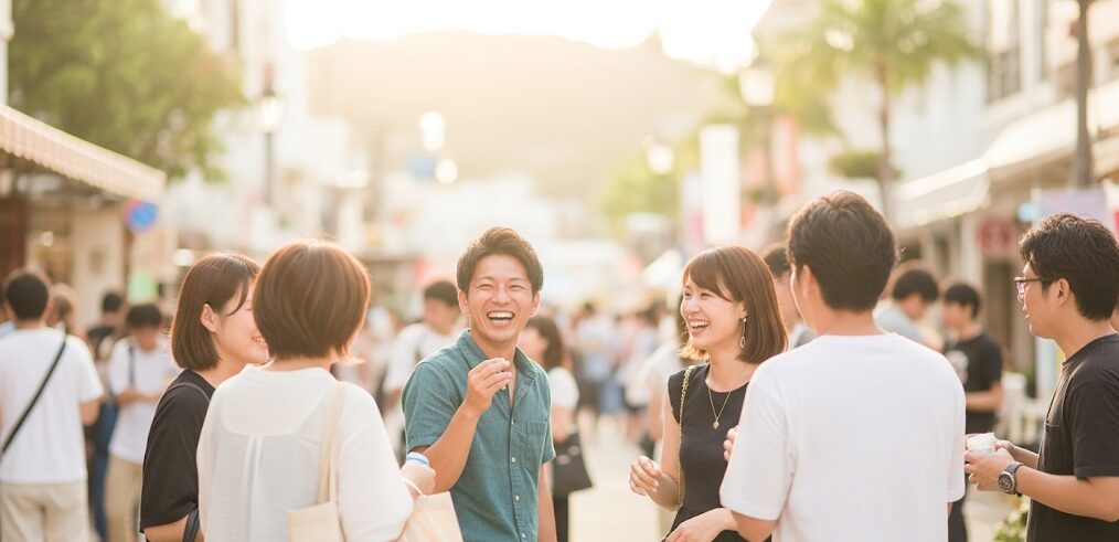 沖縄の街コンで、おしゃべりしながら通りを歩く男女。
