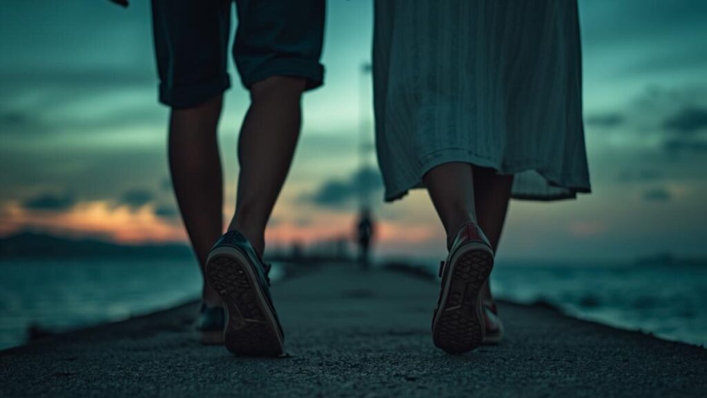 夕暮れの沖縄の海沿いを並んで歩く男女の足元。婚活バスツアーを通じて出会った二人が、新たな関係へと歩み出す希望を感じさせるエンディングイメージ。