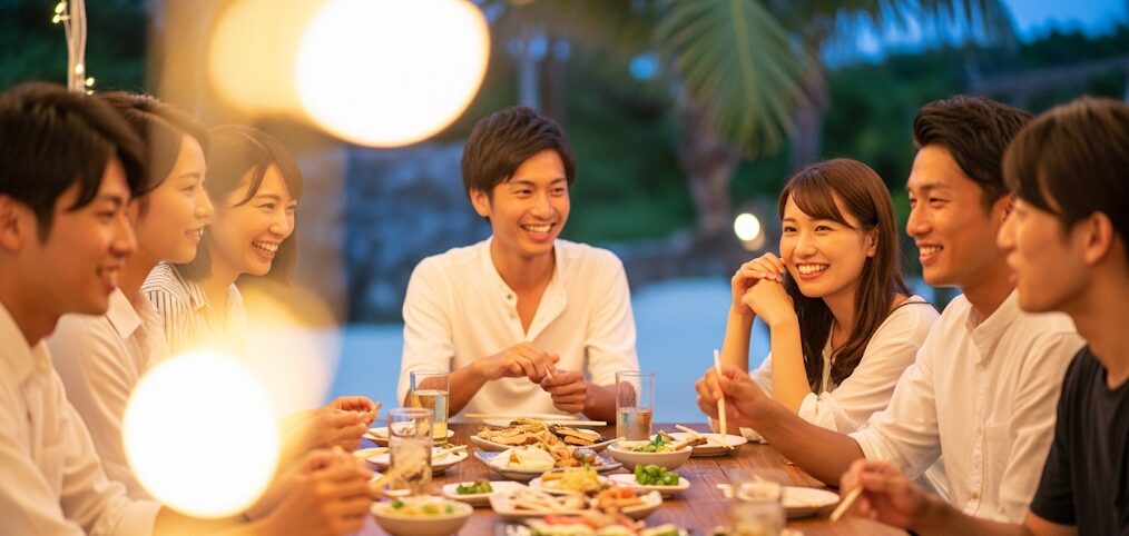 沖縄のレストランで、和気あいあいと食事を楽しむ少人数の合コンの様子。
