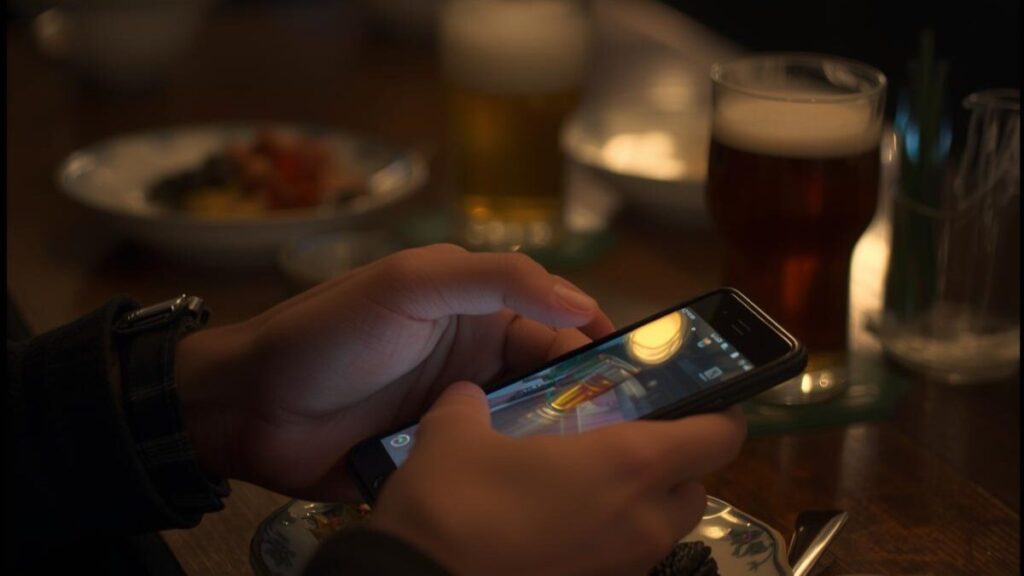 居酒屋や自宅でマッチングアプリを操作する男性の手元。リアルな出会いの場に行く前の「リハビリ」として、アプリで会話の感覚を取り戻す様子。