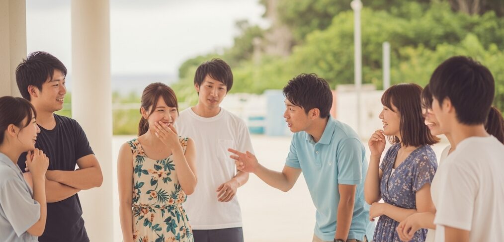沖縄の青空の下、婚活バスツアーで楽しく交流する日本人参加者たち。グループトークや観光地での散策を通して、自然な出会いが期待できます。