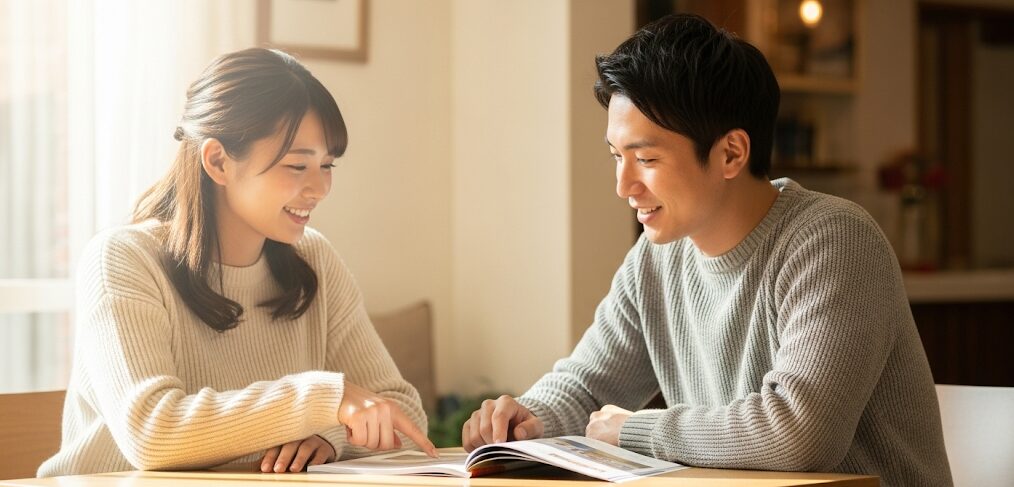 沖縄の婚活バスツアー参加前に、真剣な表情でツアー条件を確認し合う日本人カップル。独身証明や年齢制限など、安心して参加するための条件が設けられています。