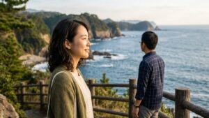 沖縄で地元の人とのデートで、美しい海辺の景色を横並びでリラックスしながら眺めている30代から40代の男女の自然な風景。