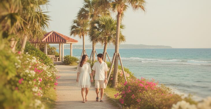 沖縄の夕陽がやさしく差し込むビーチ沿いを手をつなぎながら歩くカップル。地元の人しか知らないとっておきの沖縄デートの様子。
