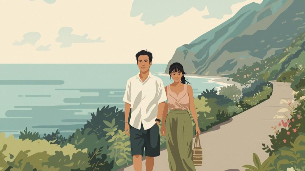 沖縄で地元の人とデートする際に最適な、自然体で静かな海辺を散歩するカップルのイラスト。清潔感のある線画と落ち着いたトーンで、日常の延長にある心地よい時間を表現。