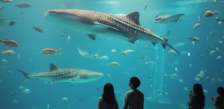 沖縄美ら海水族館の大水槽でジンベエザメが優雅に泳ぐ姿を見上げるカップル。定番スポットでの沖縄デートの楽しみ方を提案。