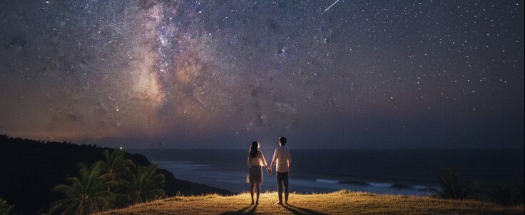 沖縄の夜空に広がる満天の星と天の川を見上げるカップル。地元の人も知る特別な星空鑑賞スポットでのロマンチックな沖縄デート。