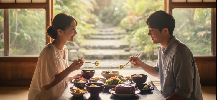 沖縄の地元デートにぴったりな古民家。美しい庭園を眺めながら、二人で仲良く沖縄の郷土料理を味わう穏やかな時間。
