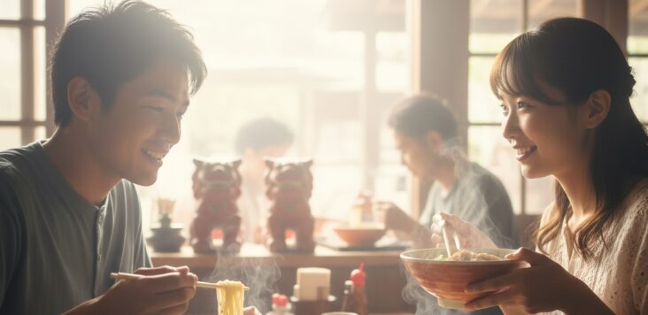 沖縄の地元デートで食べるこだわりの沖縄そば。湯気が立つ温かいそばを前にして、笑顔で見つめ合うカップル。