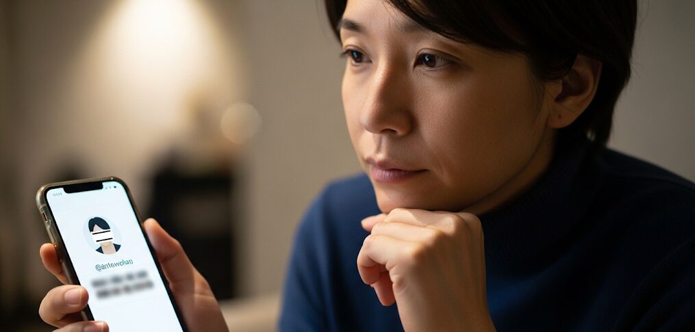 スマートフォンでマッチングアプリのプロフィール画面を見つめ、少し不安そうな表情を浮かべる日本人女性のクローズアップ。沖縄のマッチングアプリ利用時に注意すべき人物の特徴と、危険を察知する様子を表現。