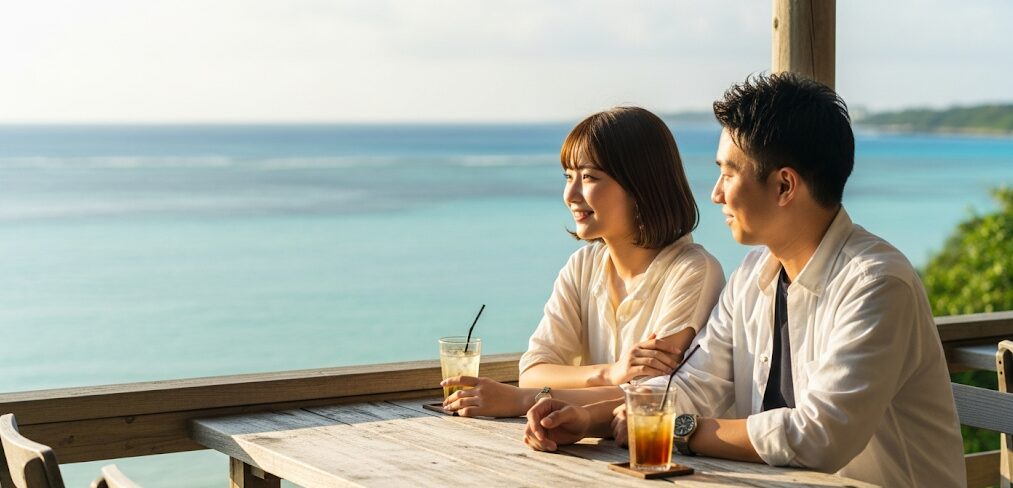 沖縄の美しい海が見えるカフェのテラス席で、初デートを楽しむ日本人カップル。沖縄のマッチングアプリで出会った二人が、定番デートスポットでリラックスして過ごす、ロマンチックな瞬間。