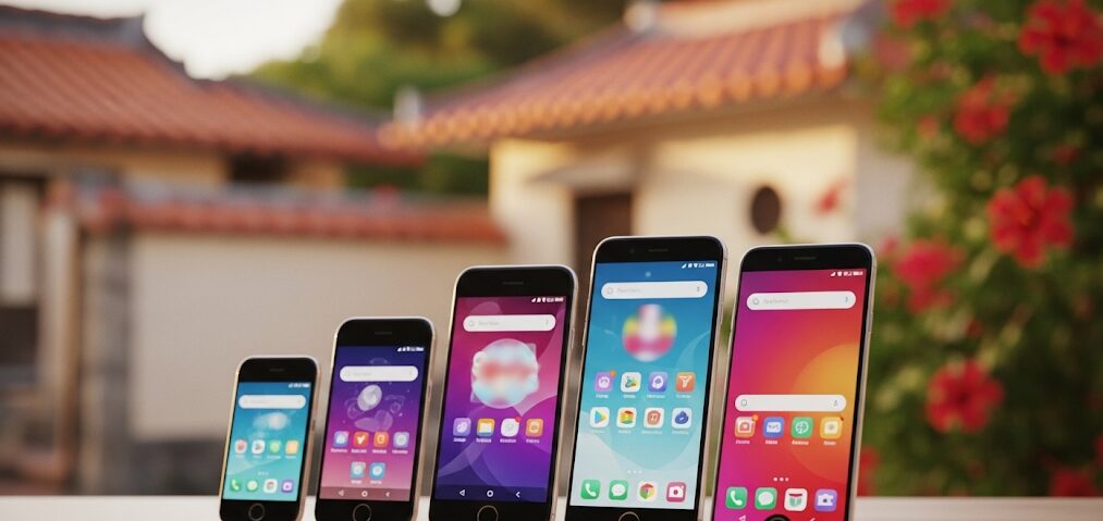 沖縄らしい赤瓦の家屋を背景に、サイズ別に並べられた5台のスマートフォン。それぞれの画面には異なるマッチングアプリのインターフェースがぼかして表示されている。沖縄での最適なマッチングアプリ選びをサポートするイメージ。