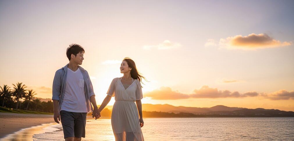 沖縄の夕焼けに染まるビーチを手を取り合って歩く若い日本人カップル。穏やかな波打ち際を歩きながら、恋活の幸せな瞬間を表現。沖縄での恋活に最適なマッチングアプリの選び方を暗示。