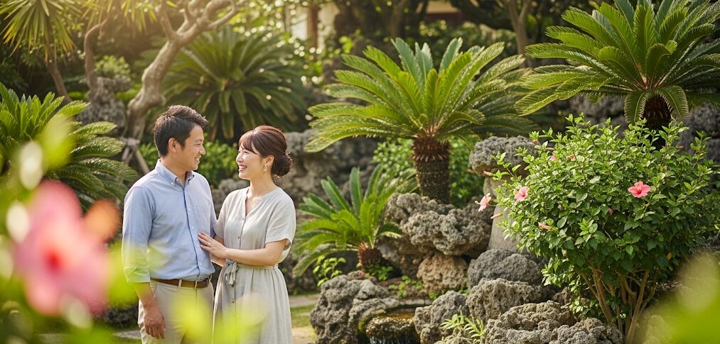 沖縄の緑豊かな庭園で寄り添い、笑顔で見つめ合う日本人夫婦。結婚を意識した真剣な出会いの場面を表現し、沖縄での婚活に最適なマッチングアプリ選びの重要性を伝える。