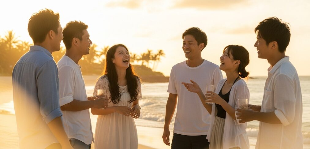 沖縄の夕日のビーチで楽しそうに談笑する30代らしき日本人男女グループ。リラックスした雰囲気で、30代の友人や恋人との出会いを連想させる。沖縄の30代に人気のマッチングアプリがもたらす出会い。