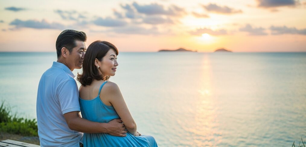 沖縄の美しい夕景を望む丘で、寄り添って海を眺める40代らしき日本人夫婦。落ち着いた大人のカップルが穏やかな時間を過ごす様子。沖縄の40代に人気のマッチングアプリが提供する安定した出会い。