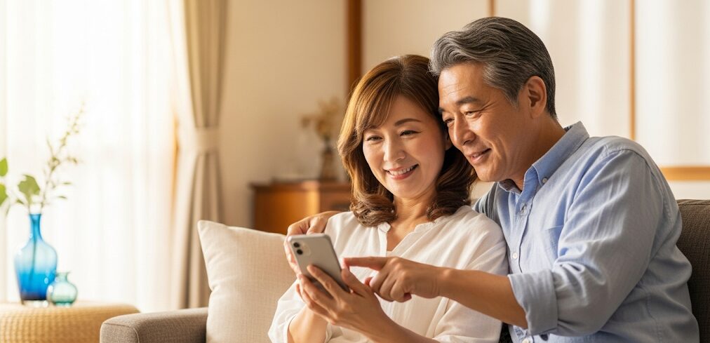 沖縄のマッチングアプリを利用する50代夫婦が、自宅でスマートフォンを見ながら笑顔で会話する様子。暖かな光が差し込むリビングで、安心してアプリを使えるイメージを表現。