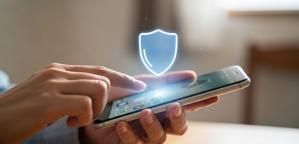 スマートフォンを操作する手が、セキュリティの盾のアイコンをタップしている様子。沖縄のマッチングアプリを選ぶ際に重要な、安全性の高いアプリを見分けるポイントを視覚的に表現。