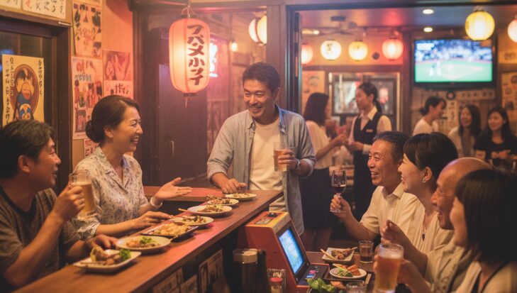 沖縄一人旅で男の出会いを求める日本人男性が、賑やかな居酒屋のカウンターで地元の人や観光客と交流し、笑顔で楽しんでいる様子。