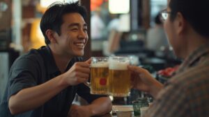 沖縄一人旅で男の出会いが生まれる瞬間を横から捉えた一枚。屋台村のカウンターで、40代男性が隣客や店員と自然に乾杯し、夜の賑わいを楽しんでいる様子。