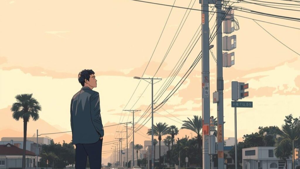 沖縄一人旅で男の出会いを探すための情報をまとめた記事のトップ画像。落ち着いた雰囲気の那覇の街並みに佇む日本人男性をクリーンな線画で描いています。