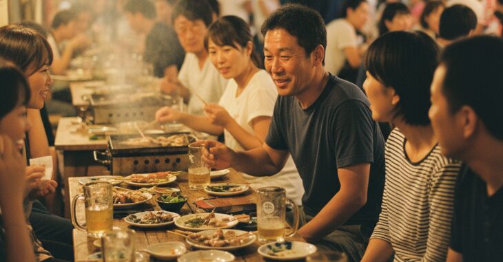 沖縄一人旅で出会いを求める男性におすすめのスポット、国際通り屋台村で、日本人男女グループがテーブルを囲み、沖縄料理とビールを楽しみながら談笑する活気ある夜の風景。
