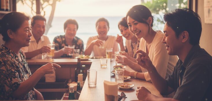 沖縄の地元密着型居酒屋で、一人旅の男性がカウンターでジモティーと「ゆんたく(おしゃべり)」を楽しむ様子。温かい雰囲気の中で、地元の人々との深い交流が生まれるディープな出会いを描いたソフトフォーカス写真。